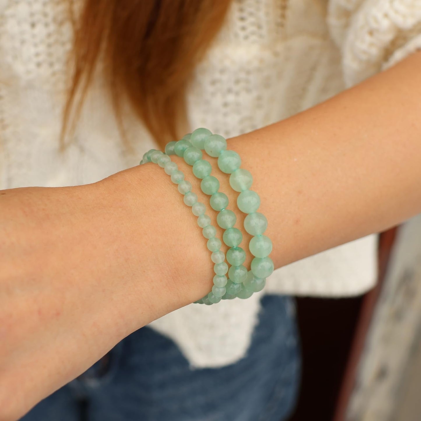 Risyfjew 3 PCS Natural Stone Green Aventurine Beaded Bracelet 4mm 6mm 8mm Healing Crystal Stretch Bracelets Women Green Aventurine Crystal Gifts for Women