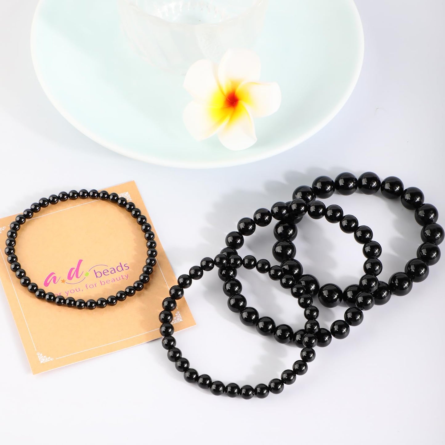 AD Beads 10mm Handmade Black Tourmaline Elastic Bracelet – Natural Gemstone for Safety Protection – Meditation, Yoga, Healing and Energy Gift for Men Women