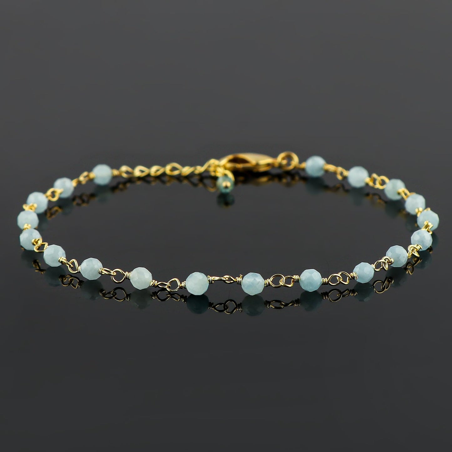 CRYSTALINES Natural Aquamarine Gemstone Rosary Chain Bracelet, 14K Gold Plated, Handmade Jewelry, Wire Wrapped Beads, March Birthstone, Adjustable Chain 8inch, Gift for Women