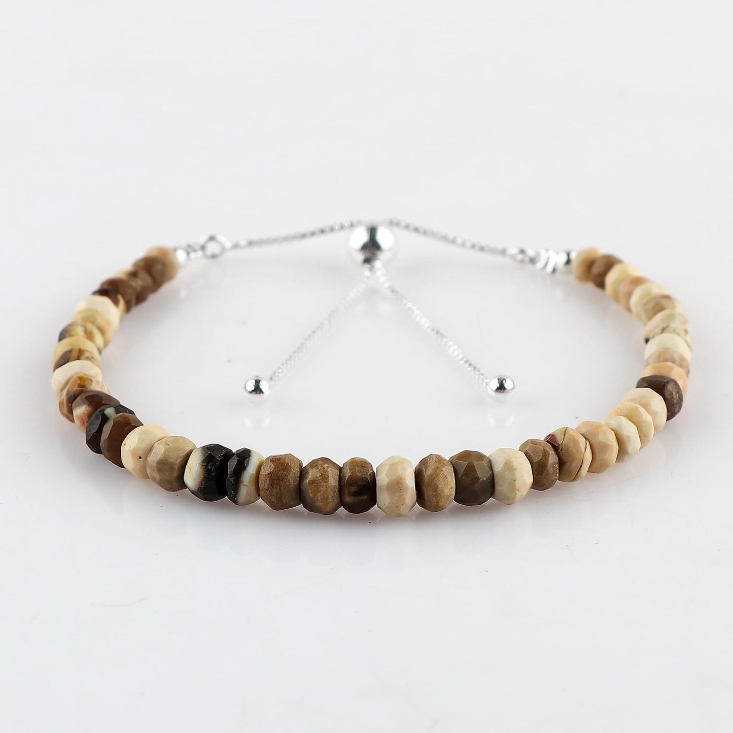 CRYSTALINES Natural Petrified Wood Jasper Gemstone Bolo Bracelet, Faceted Beads Stones, Hypoallergenic Handmade Boho Jewelry for Women, Healing Crystals, Adjustable Silver Chain 6+4inch, Jewelry Gift