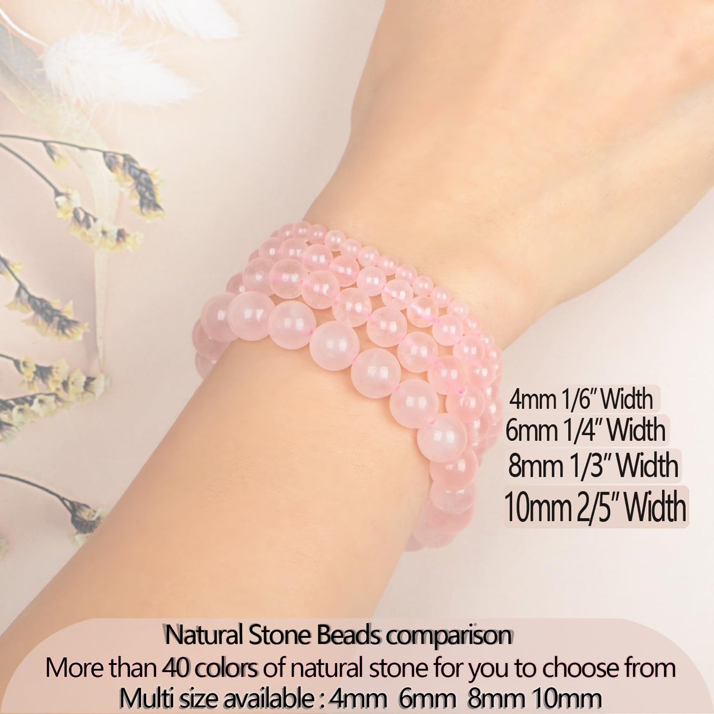 LPBeads Handmade Natural Gemstone Stretch Elastic 10mm Rose Quartz Bracelet Healing Crystal Round Stone Beads Jewelry Gifts for Women Men