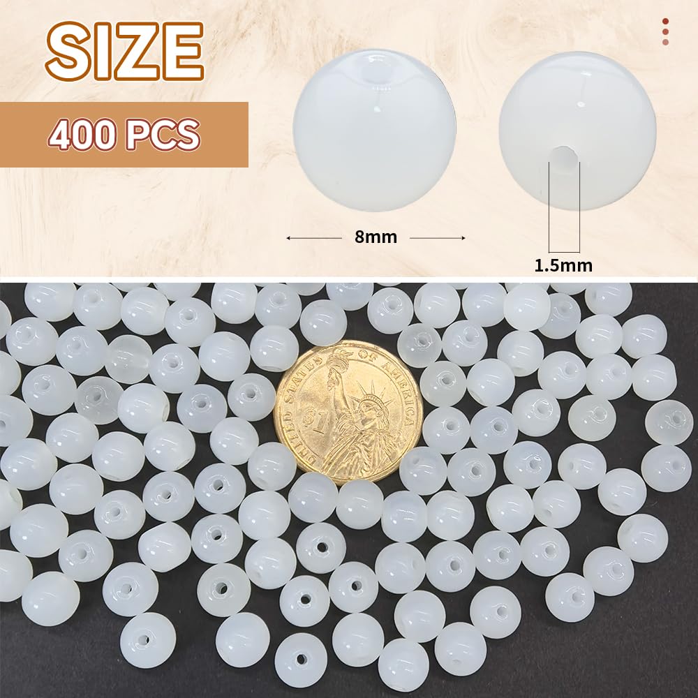 PAMIR TONG 400pcs 8mm White Round Glass Beads for Bracelet Pretty Smooth Loose Beads for Necklace-Earring-Jewelry Making-Home Decor and DIY Crafts & Projects