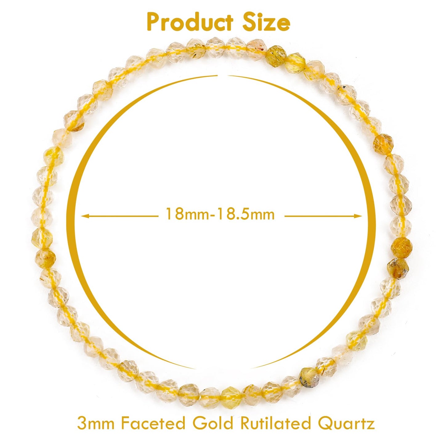 BONNY BOXX Natural Genuine Gemstone Faceted Round Beads Bracelets, 3mm Adjustable Stretchy Tiny Faceted Gold Rutilated Quartz Bracelet, Healing Crystal Reiki Chakra Dainty Jewelry Fashion Gifts