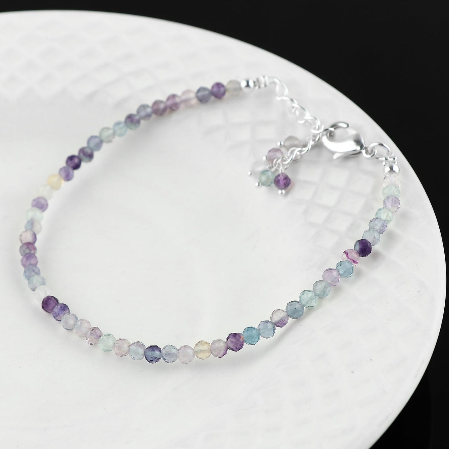 CRYSTALINES Natural Multi Fluorite Gemstones Beads Bracelets, Real Crystals Jewelry, Birthstone, Handmade, Beaded Bracelet, Silver Plated, Adjustable Chain- 7+1inch, Women Bracelet, AAA Grade
