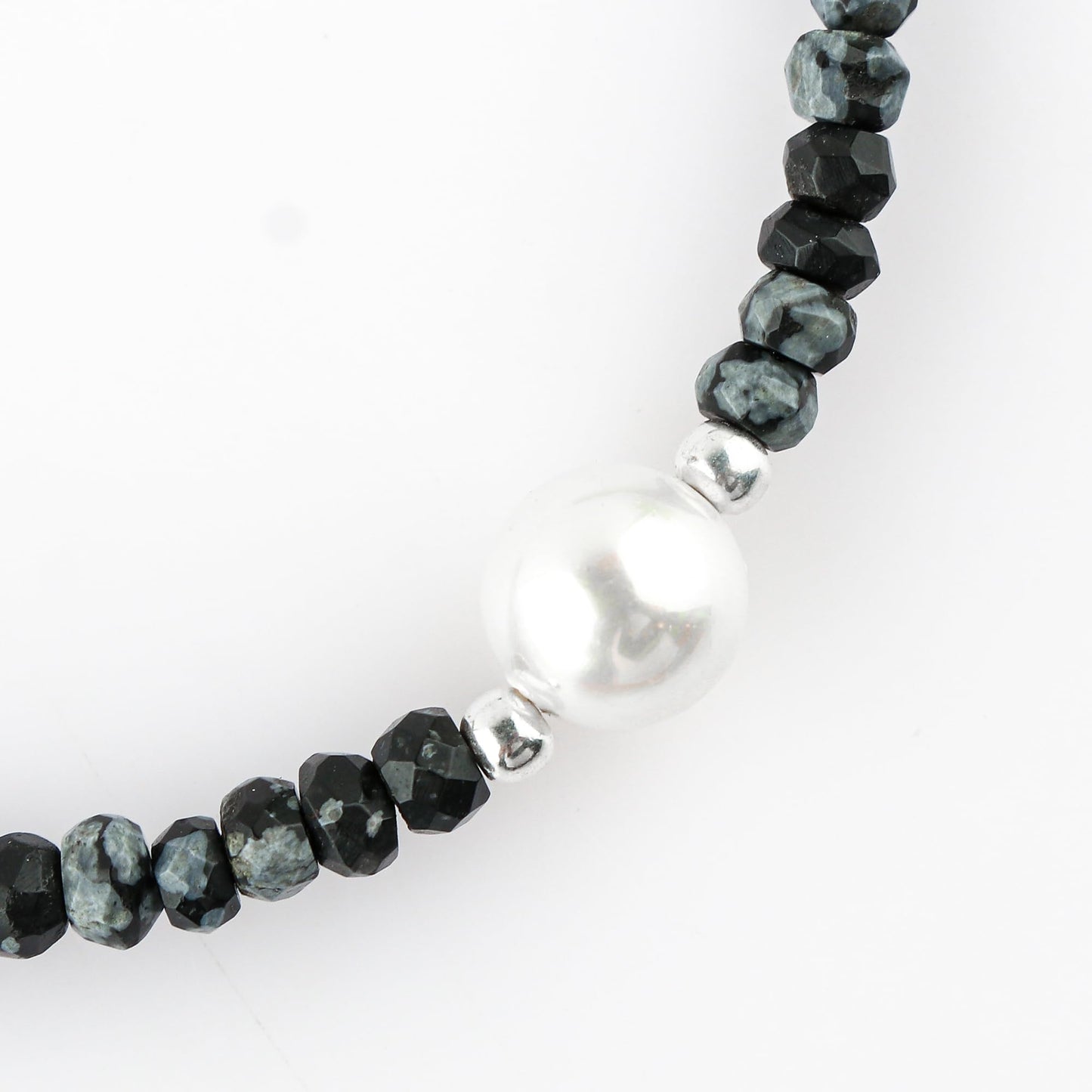 CRYSTALINES Natural Snowflake Obsidian Gemstones Bolo Bracelet | Cultured Pearl Beads | Handmade Beaded Jewelry | Adjustable Silver Chain | Healing Crystal | Gift for Women | 10inch