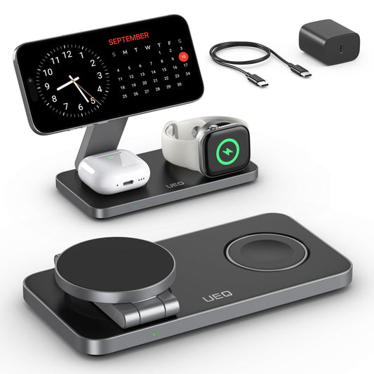 UEQ Foldable 3 in 1 Wireless Charging Station for Apple Magsafe Charger Stand,Fast Magnetic Wireless Charger Station for iPhone 17 Air 16 15 14 13 12 Series,Airpods Pro,Apple Watch Ultra (Pure Black)