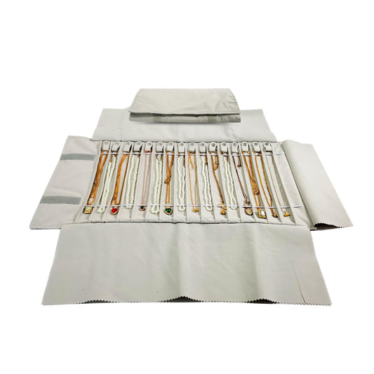 SCIKHEFT Portable Jewelry Roll Untangled Secure Necklace Travel Storage Bag Displays Holder 16 Chain (Beige)