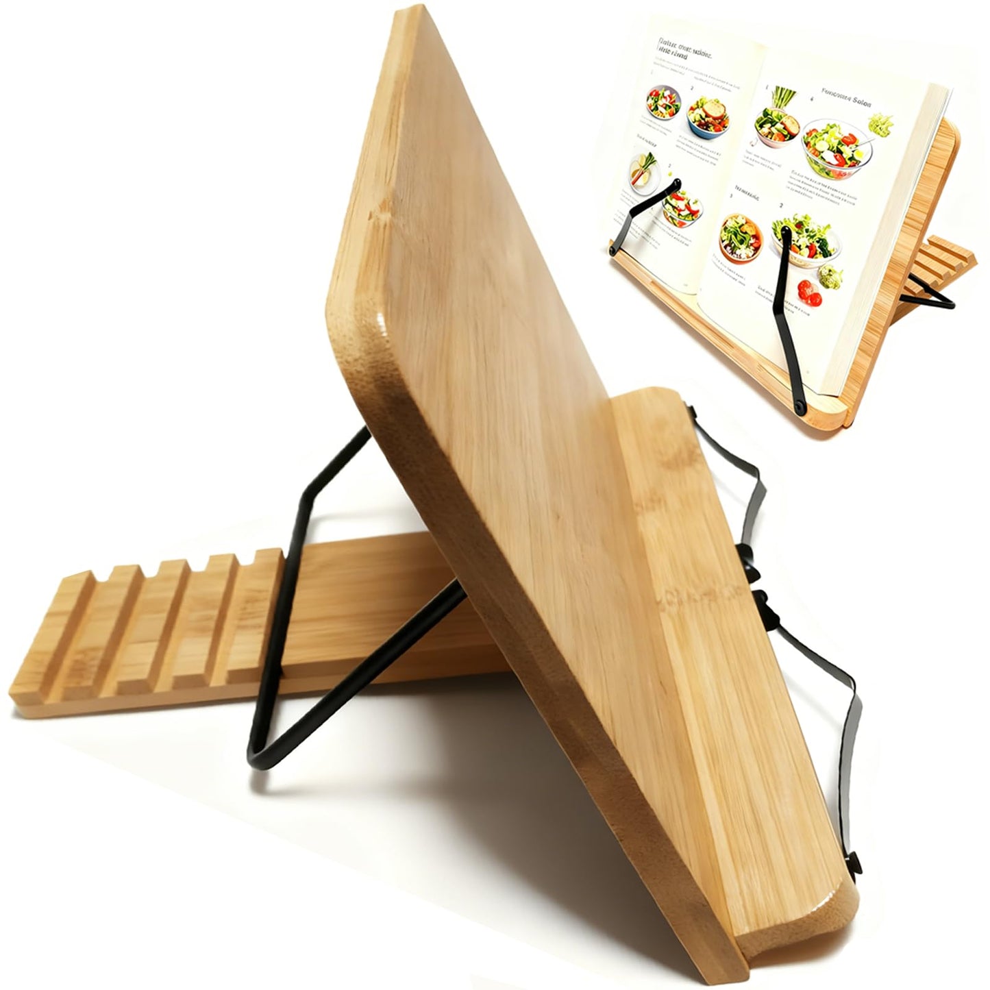 Cookbook Stand for Kitchen Counter, 5-Level Adjustable Elegant Bamboo Recipe Book Holder, All-in-One Design Locks Flat for Easy Storage, Holds 1 inch Thick Books for Cooking, Working, and Studying