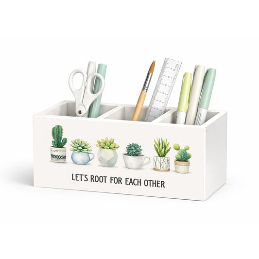GGED Succulent Desk Organizer Wooden Pen Pencil Holder for Desk, 3 Compartments Office Accessories, Let's Root for Each Other Plant Decor, Cute Succulent Gifts for Women Home Office Storage