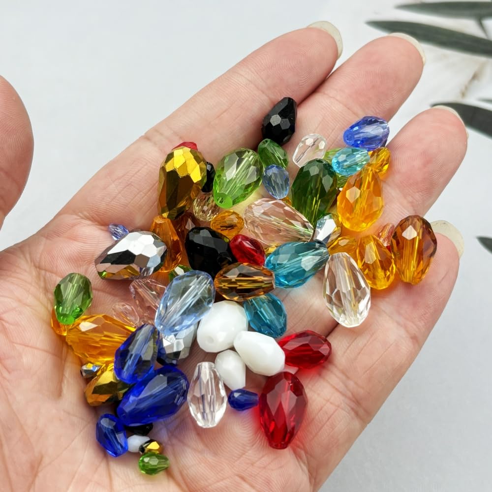 Xinhongo 340pcs Teardrop Crystal Glass Beads 3x5mm 4x6mm 6x8mm 8x12mm 10x15mm Vertical Hole Faceted Glass Spacer Beads for Necklace Bracelet Earrings DIY Jewelry Crafts(Black)