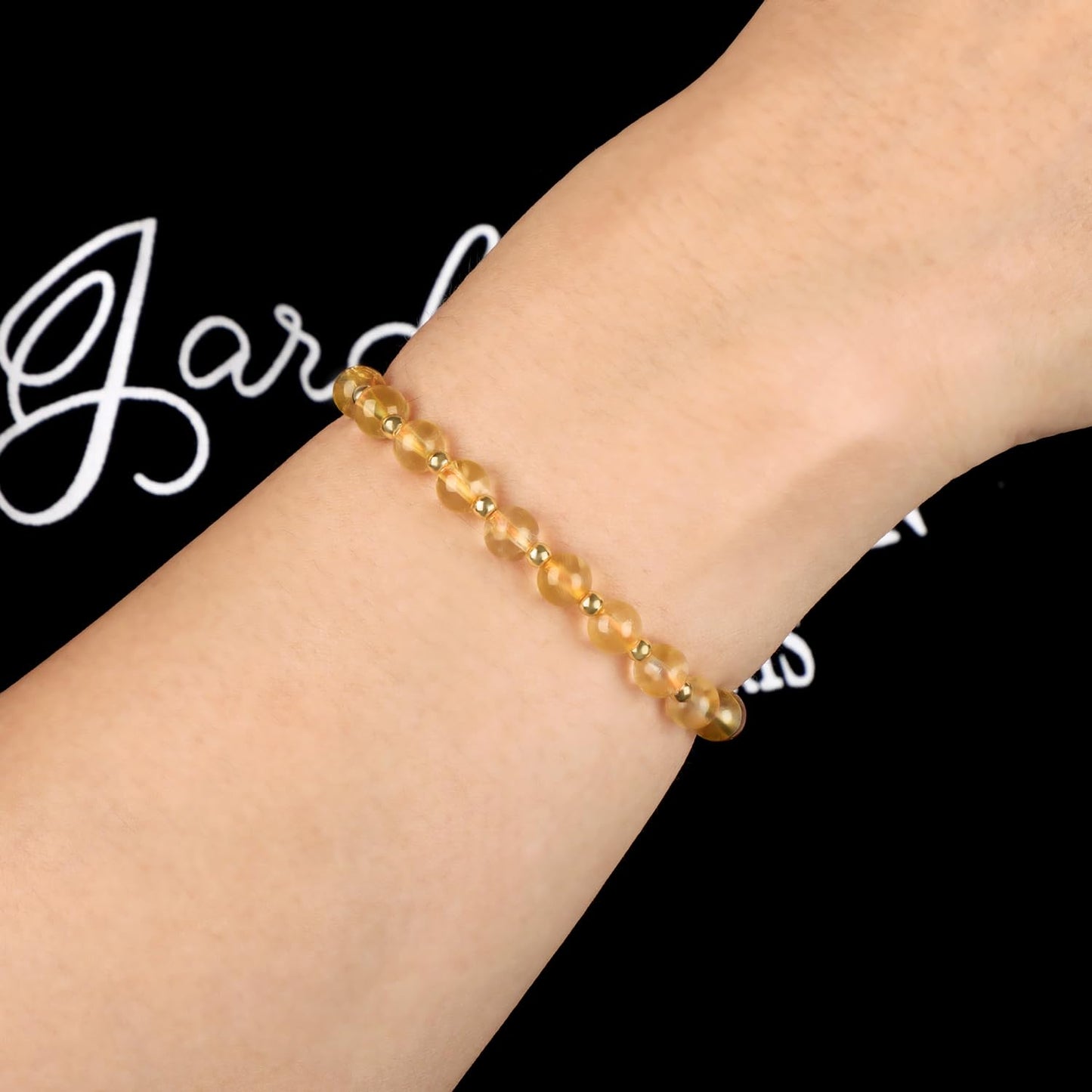 QOGIR Citrine - Stone of Wealth - 14K Gold Plated Beads Natural Gemstone Stretch Elastic Dainty Healing Beaded Bracelets Gifts 6mm