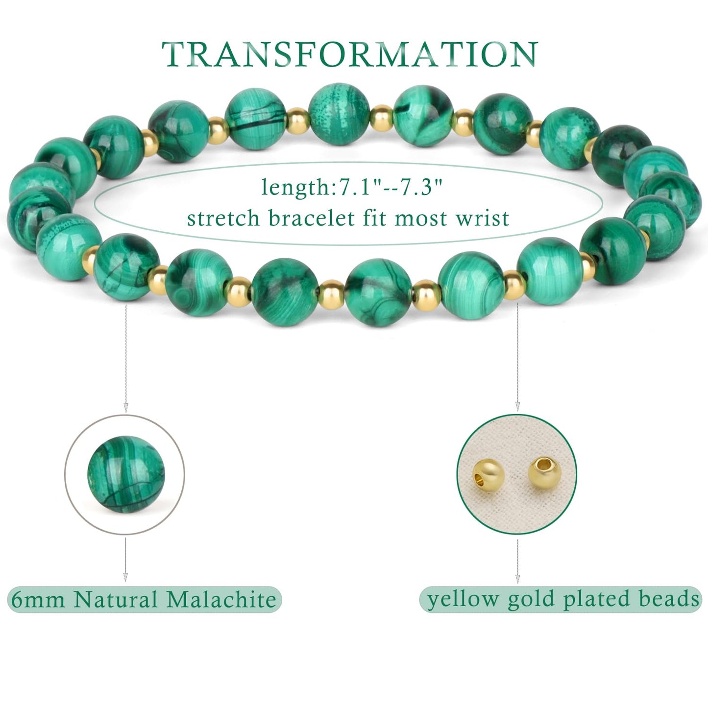 QOGIR Malachite - Transformation - 14K Gold Plated Beads Natural Gemstone Stretch Elastic Dainty Healing Beaded Bracelets Gifts 6mm