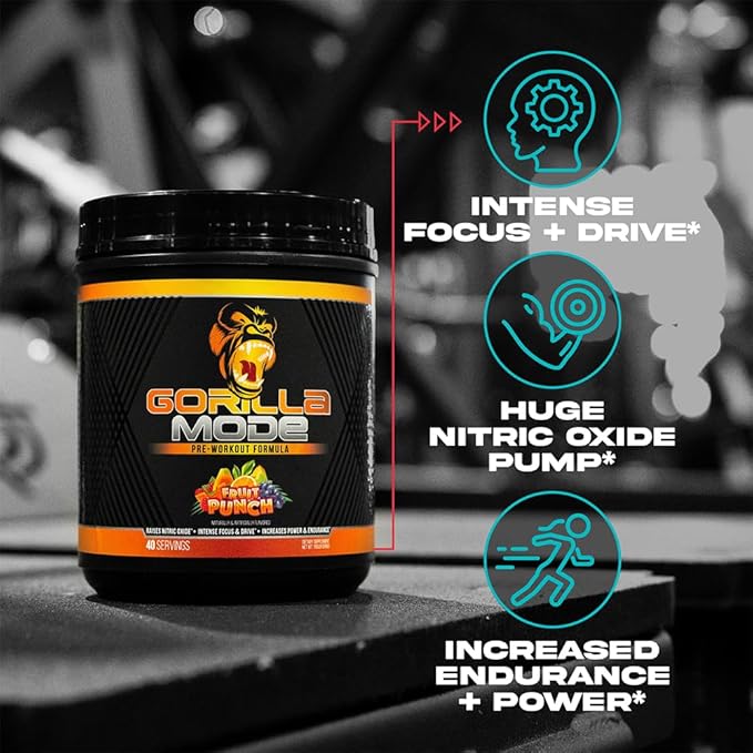 Gorilla Mind Pre Workout - Massive Pumps Laser Focus Energy Power - L-Citrulline, Creatine, L-Tyrosine, Betaine, Hydroprime, Alpha-GPC, 400mg Caffeine, Huperzine A - 816g (Fruit Punch)