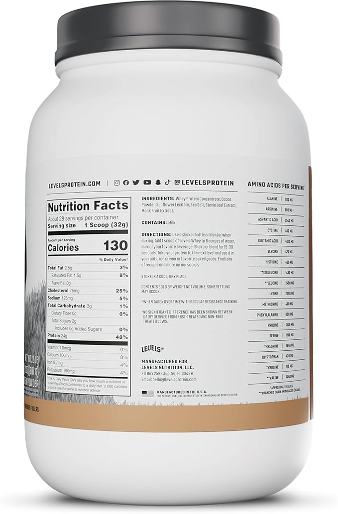 Levels Grass Fed Whey Protein Powder, No Artificials, 24G of Protein, Pure Chocolate, 2LB