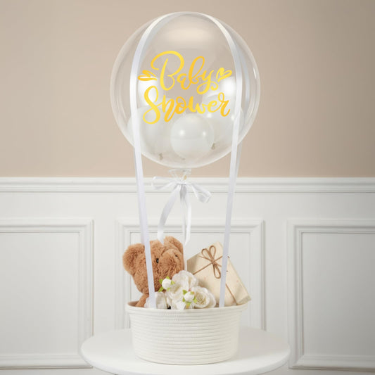 BrightRow DIY Hot Air Balloon Baby Shower Gift Basket Decoration Set Woven Basket Transparent Bobo and White Balloons Ribbon Balloon Stand Sticker Newborn Gift Wrapping Baby Shower Party Decor