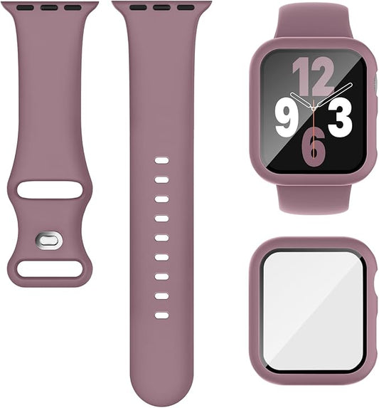 Compatible for Apple Watch Band 40mm 41mm and Case with Screen Protector, Soft Silicone Sport Strap Bands and Protective Cover with Tempered Glass for iWatch Series 9 8 7 SE 6 5 4