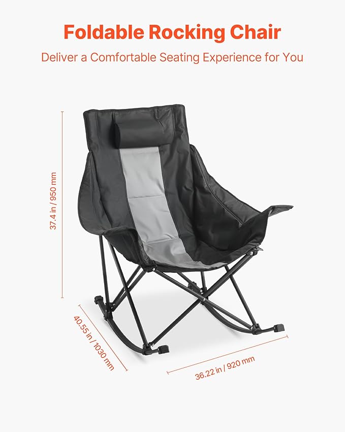 VEVOR Rocking Camping Chair, Portable Folding Rocker, Heavy-Duty Lawn Chair Recliner with Cupholder & Pocket, Supports 225lbs, Fully Padded Camp Chairs for Outdoor Patio Backyard Porch Garden