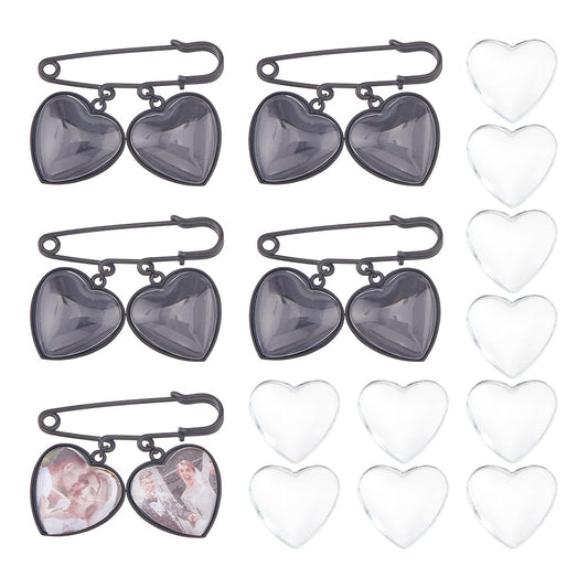 SUPERFINDINGS 5 Set Wedding Bouquet Photo Charm Black Bridal Brooches Pins DIY Pin Brooch Making Kit Alloy Double Heart Style Pendant Memorial Photo Charm for Women Wedding Memory Bridal Jewelry Gift