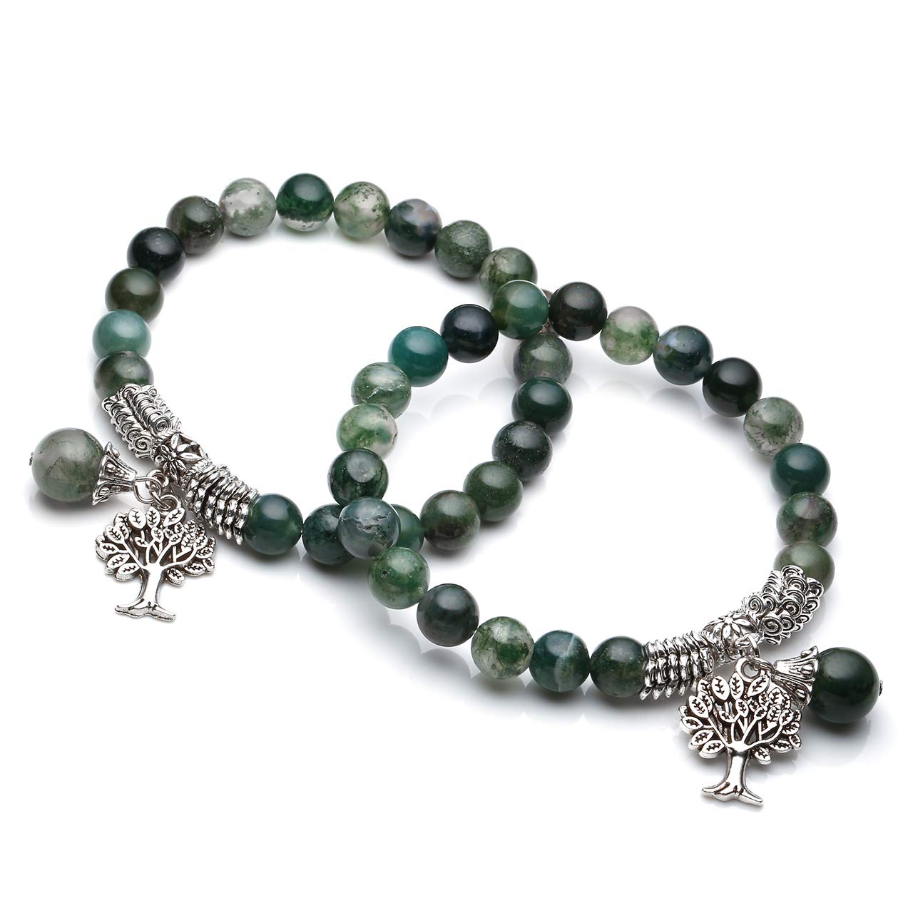 Jovivi 8MM Natural Moss Agate Gemstone Tree Life Lucky Charm Stretch Bracelet