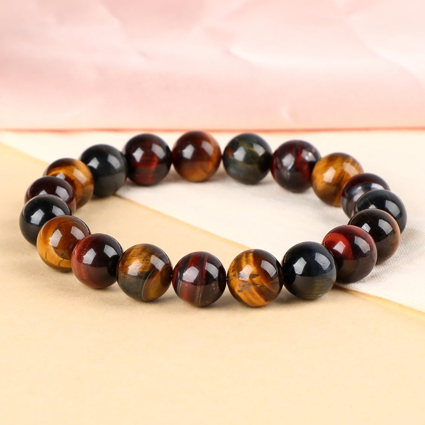LPBeads Handmade Natural Gemstone Stretch Elastic 10mm Multicolor Tiger's Eye Bracelet Healing Crystal Round Stone Beads Jewelry Gifts for Women Men