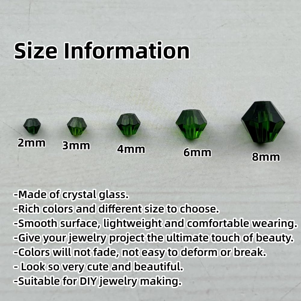 Pinhoollgo 1310pcs Bicone Crystal Glass Beads 2mm 3mm 4mm 6mm 8mm Faceted Crystal Spacer Beads for Bracelets Necklace Pendants Earrings DIY Jewelry Craft Making(Dark Green)