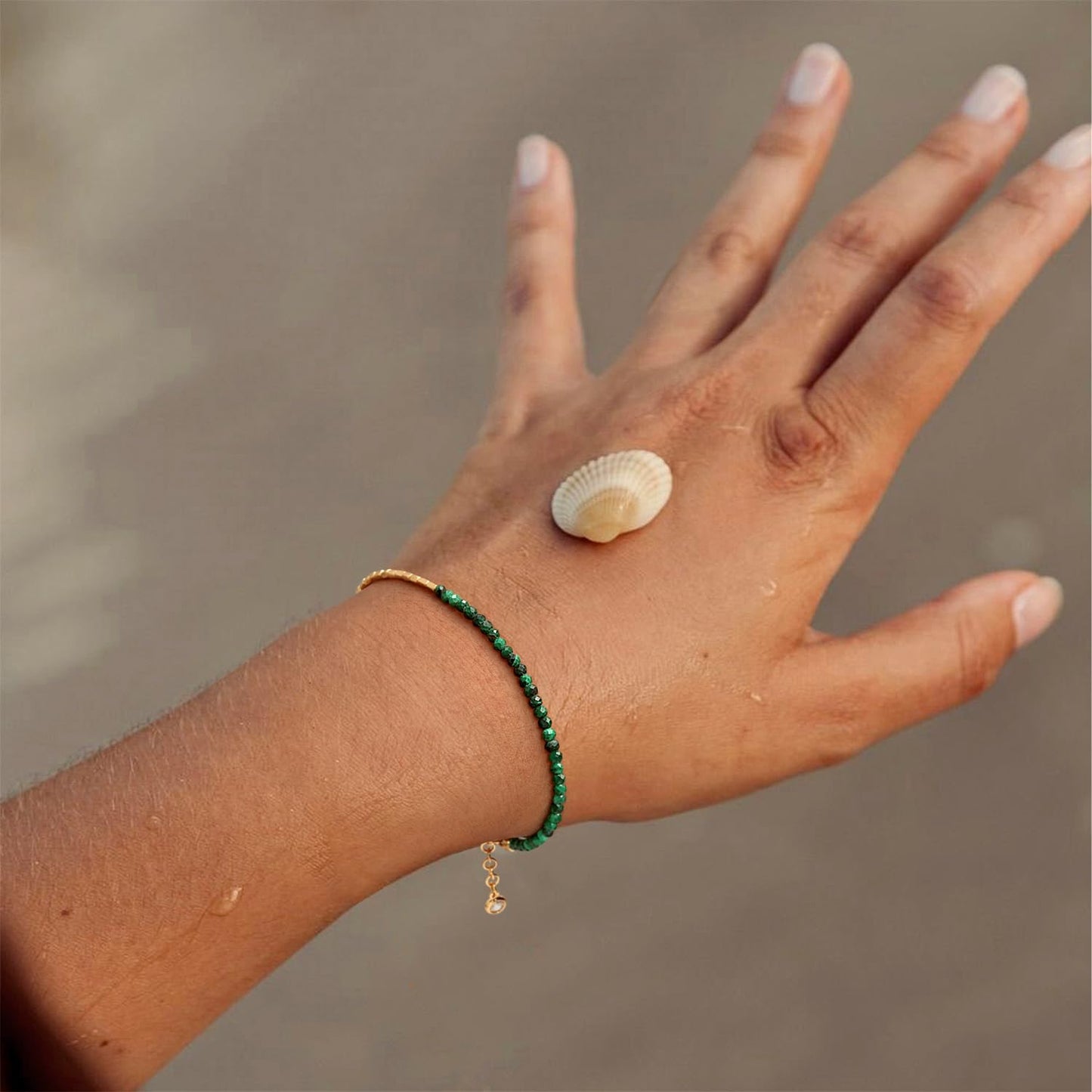 MYEARS Women Beaded Bracelet Gold Gemstone Malachite 14K Simple Dainty Handmade Chain Everyday Boho Beach Jewelry