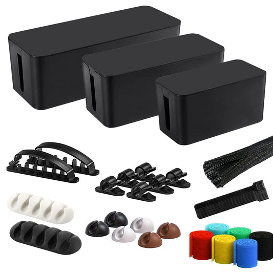 Cable Management Box, 3 Pack Cord Organizer Boxes with 33 PCS Cable Management Set to Cover Hide Power Strip, Surge Protector Under Desk & on Floor, Wire Concealer for Home Office Computer TV (Black)
