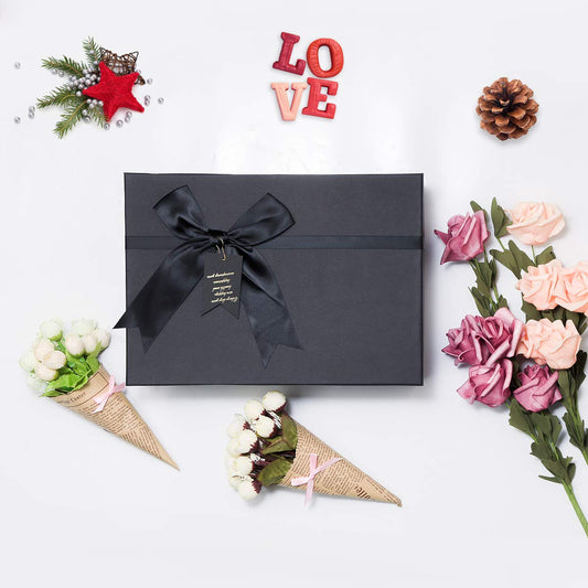 Frantis Nesting Black Gift Boxes with Lids, Elegant Satin Ribbon & Pre Printed Tag - 4 Sizes (X-Large to Small) for Christmas, Birthdays, Weddings, Valentine's Day