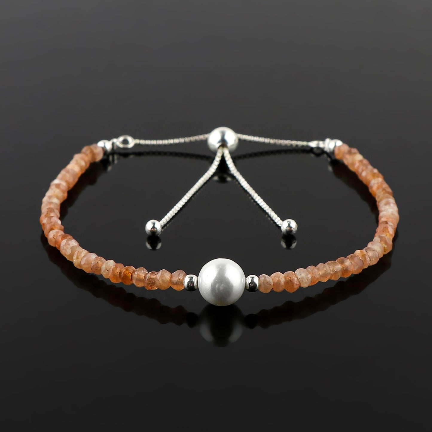 CRYSTALINES Natural Peach Moonstone Gemstone Bolo Bracelet & Pearl, Faceted Beads Stones, Handmade Boho Hypoallergenic Jewelry, Healing Crystals, Silver Chain 6+4inch, June Birthstone Gifts