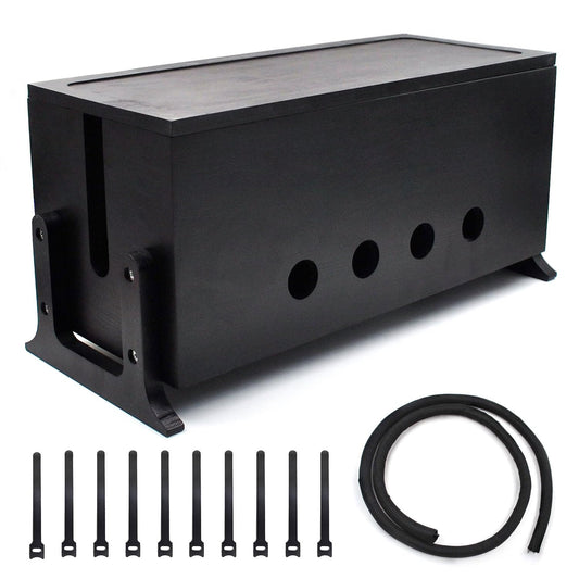 Large Cable Management Box, Wood Cord Hider Box & Organizer for Power Strip Hider Cable Storage for Office, TV Wires, Desk Cord Organizer, 14.2" x 6" x 6.3", Black, Wood