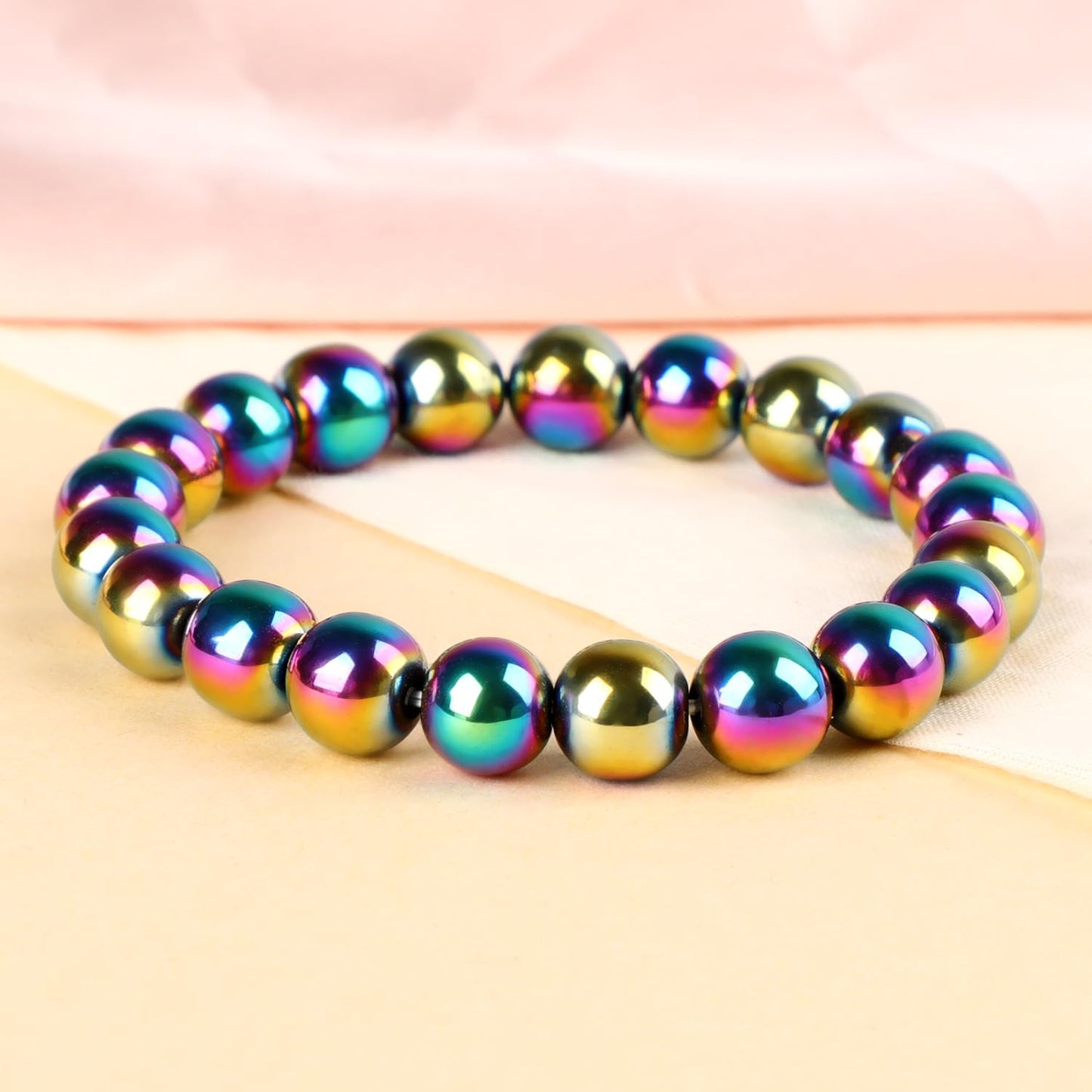 LPBeads Handmade Natural Gemstone Stretch Elastic 10mmm Rainbow Coated Hematite Bracelet Healing Crystal Round Stone Beads Jewelry Gifts for Women Men