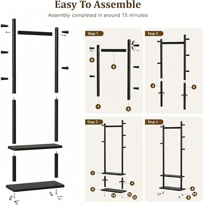 Taitiy Coat Rack Freestanding Clothing Rack with Wheels & 2 Shelves Storage & 5 Hooks Heavy Duty Clothes Rack Wood Coat Tree Stand Hat Hanger Rack for Corner Bedroom Entryway Living Room Hotel Size L