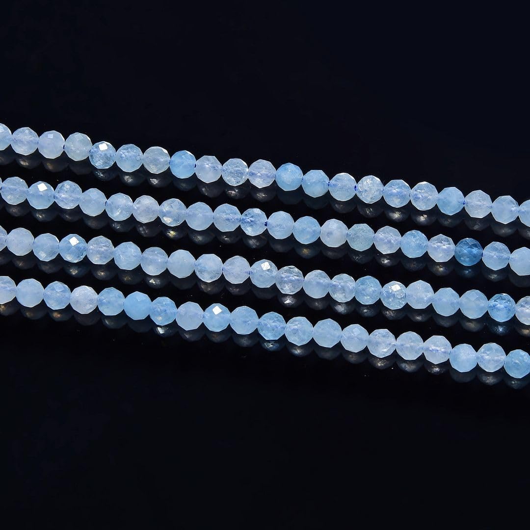 Adabele 15 Inch Natural Blue Aquamarine Healing Gemstone 4mm (0.16 Inch) Tiny Small Faceted Round Loose Beads Stone Spacer (85-95pcs) for Craft Jewelry Making GK4-8