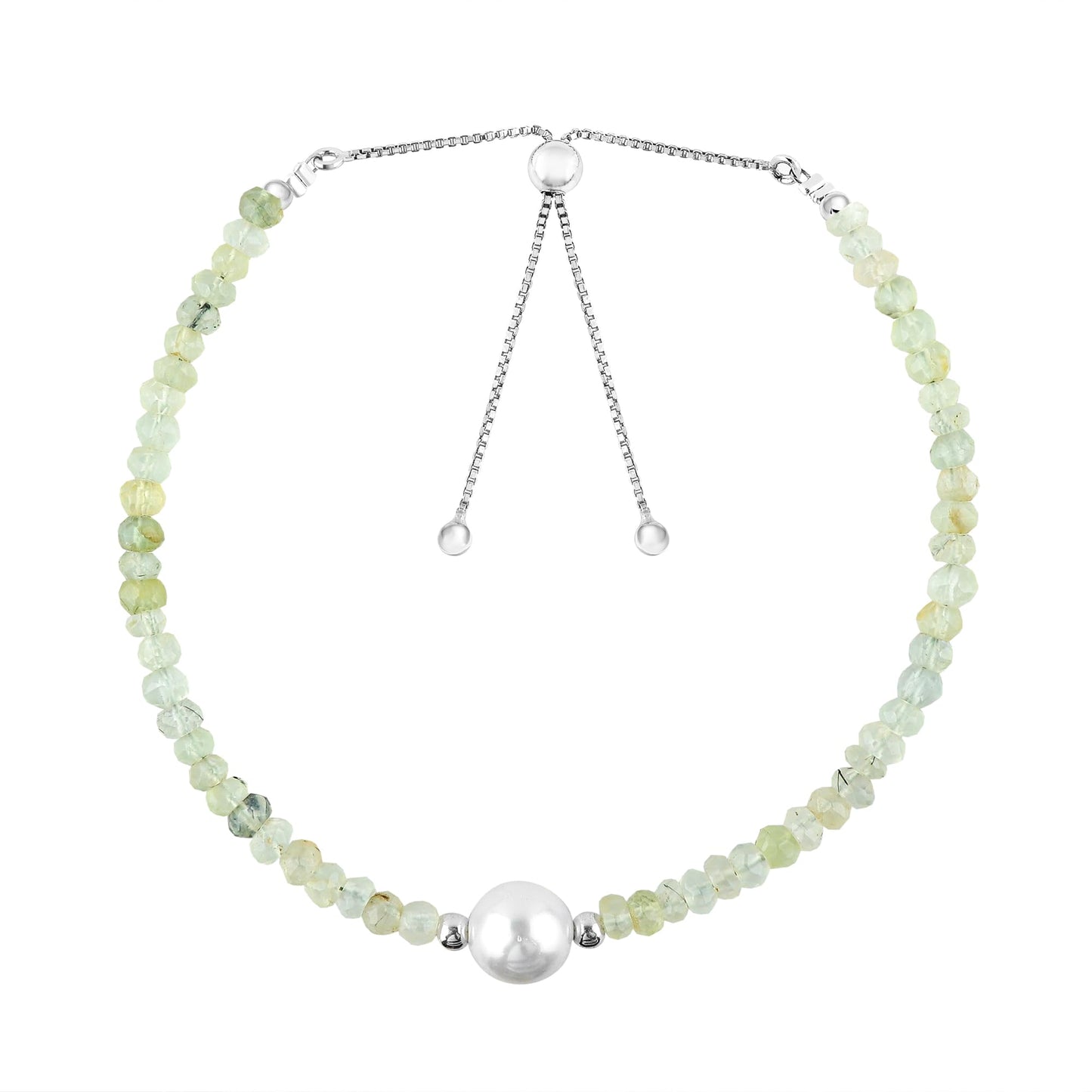 CRYSTALINES Natural Prehnite Gemstone Bolo Bracelet & Pearl, Faceted Beads Stones, Handmade Boho Hypoallergenic Jewelry, Healing Crystals, Silver Adjustable Chain 6+4inch, Minimalist Trendy Gifts