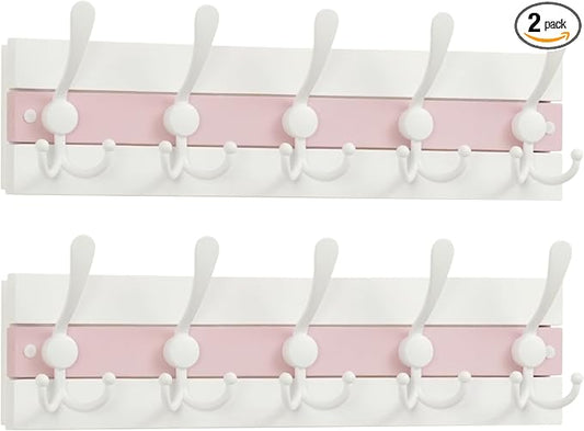 SKOLOO Coastal Wall Mounted Coat Rack-16.88" Beach House Entryway Wooden Coat Hook with 5 Hooks for Hanging Coats, Hats or Towels, Oceanfront Cottage Core Collection, White&Palm Beach Pink, Pack of 2