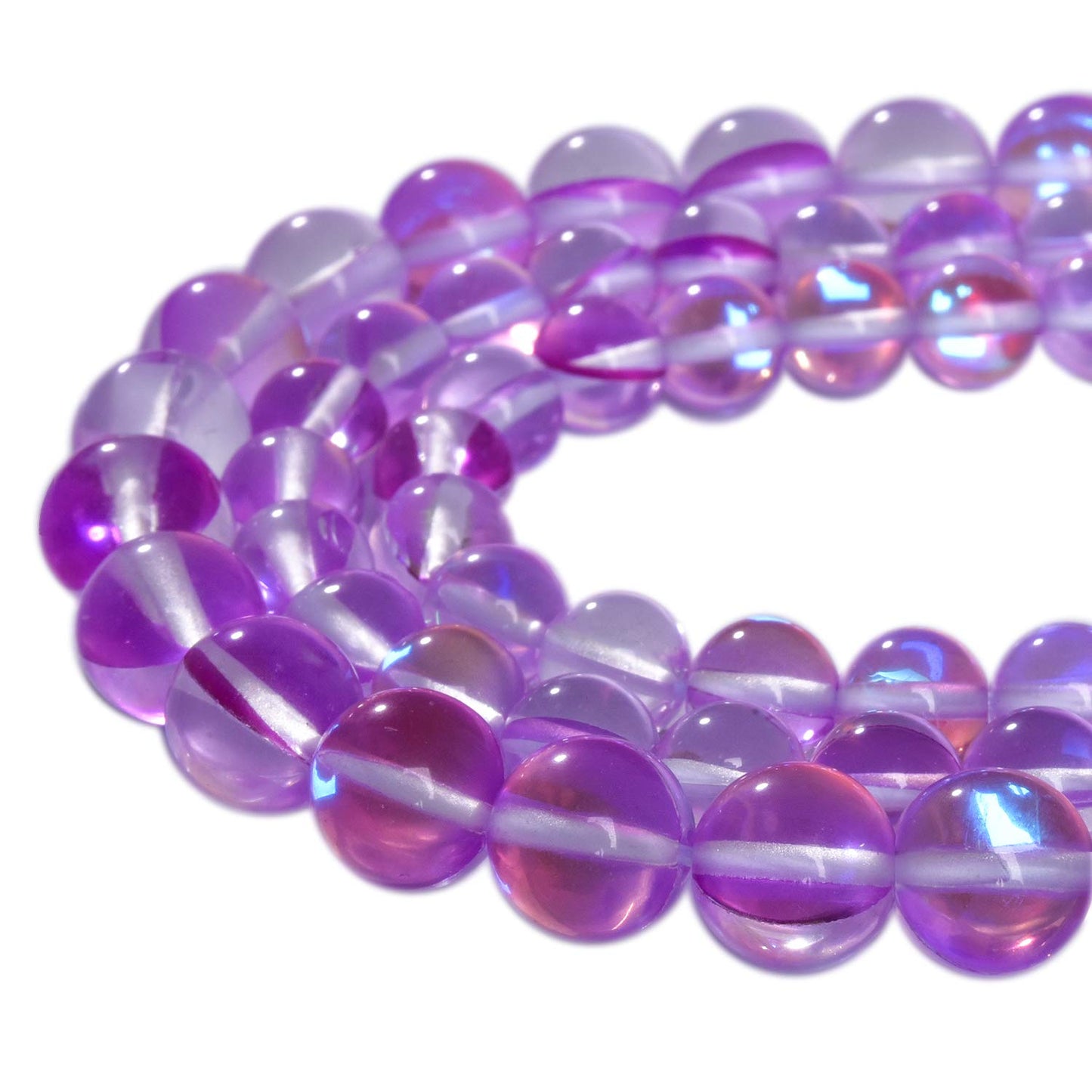 Asingeloo 48PCS 8mm Purple Angel Aura Round Gemstones Polished Mermaid Aura Moonstone Bead Smooth Stone Loose Beads Crystal Quartz for DIY Jewelry Making 1 Strand 15”