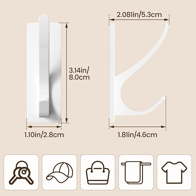 pickpiff White Self Adhesive Coat Hooks for Hanging: 13LB Extra Strong Stainless Wall Hook for Towel, Utensil, Backpack, Hat, Sturdy Metal Hanger for Bathroom, Kitchen, Door, 6 Pack