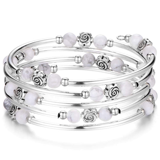 BULINLIN Wrap Bangle Rose Bead Bracelet - Beaded Bracelet with Natural Agate Stone Gifts For Women(01-Howlite)