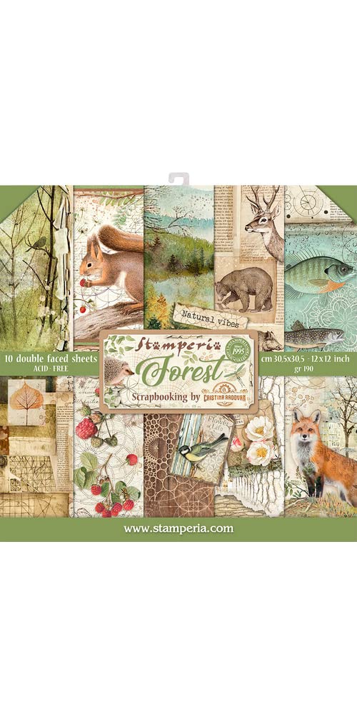 STAMPERIA INTERNATIONAL, KFT PAPER PAD 12X12 10PK FOREST, 30.5 x 30.5 (12" x 12"), Multicoloured
