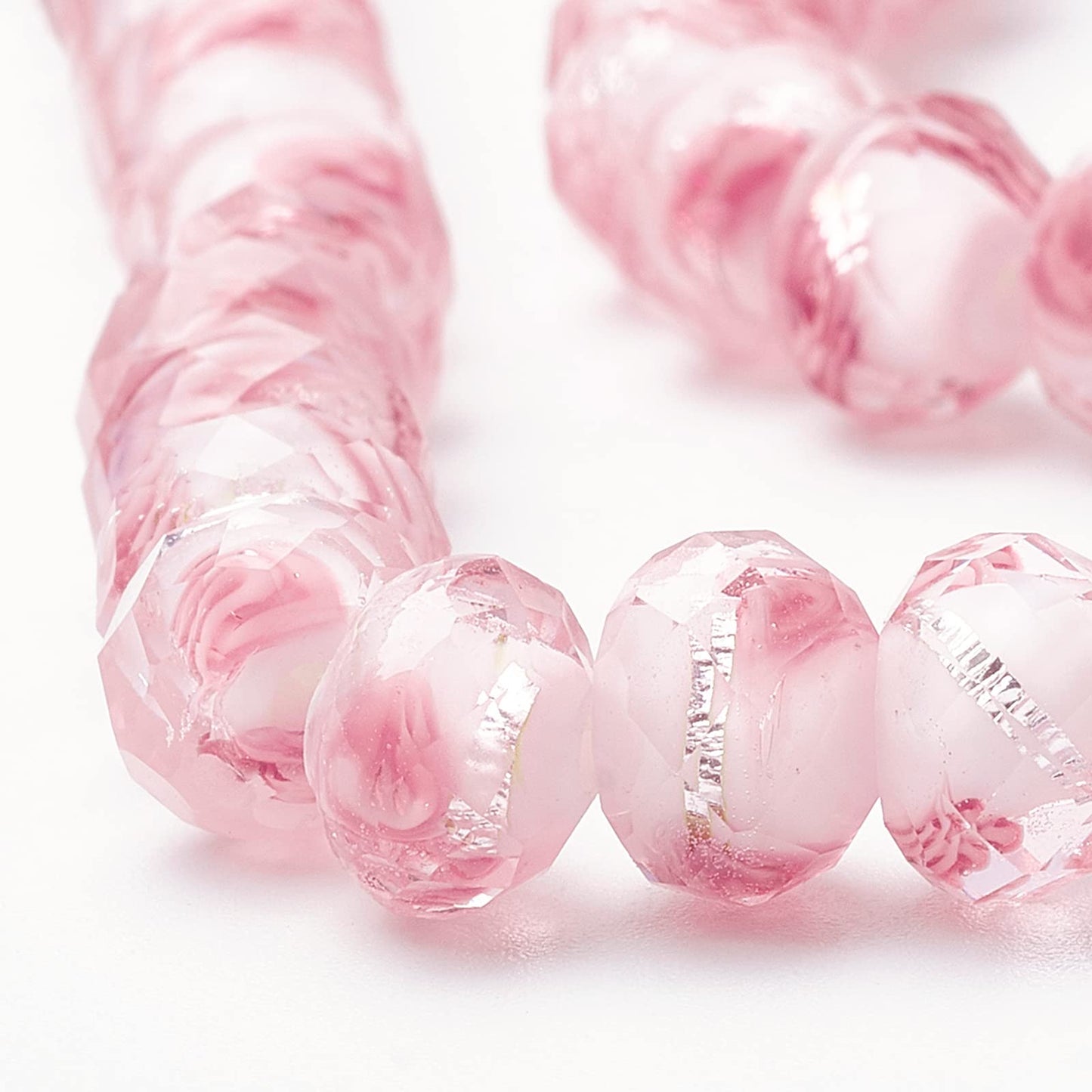 PH PandaHall 45pcs 11~12mm Pink Rose Lampwork Glass Beads Silver Foil Glass Flower Beads Floral Handmade Lampwork Bead with 1.6~2mm Hole Round Loose Bead for Rosary Making Jewelry Craft Making