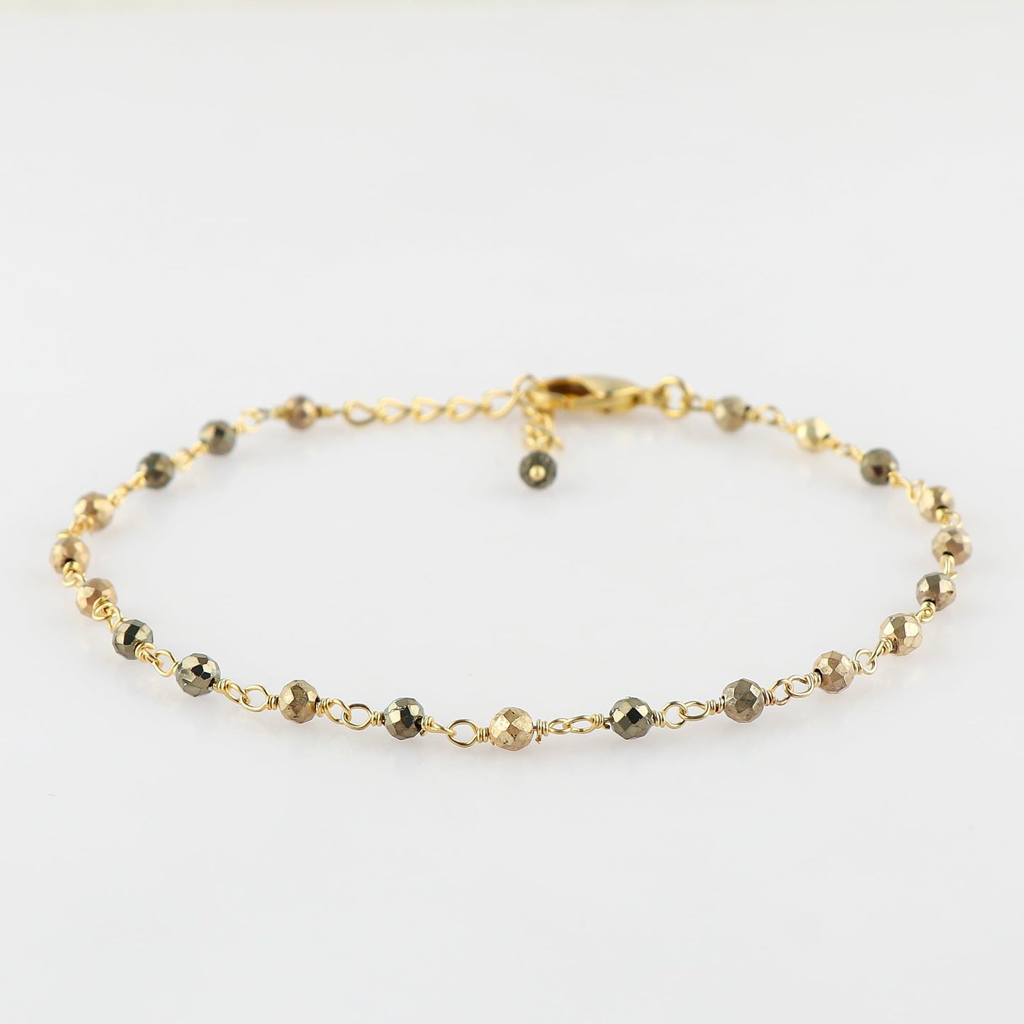 CRYSTALINES Natural Golden Pyrite Gemstones Bracelet Handmade Hypoallergenic Gold Plated Jewelry for Women Healing Crystals Microfaceted Beads Rosary Chain Boho Birthday Bracelet, 7+1inch