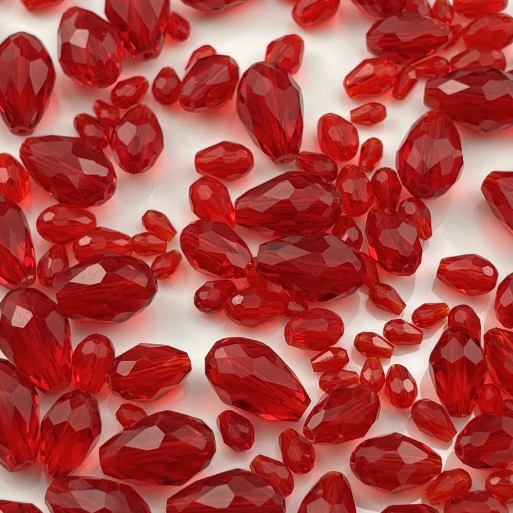 Xinhongo 340pcs Teardrop Crystal Glass Beads 3x5mm 4x6mm 6x8mm 8x12mm 10x15mm Vertical Hole Faceted Glass Spacer Beads for Necklace Bracelet Earrings DIY Jewelry Crafts(Red)