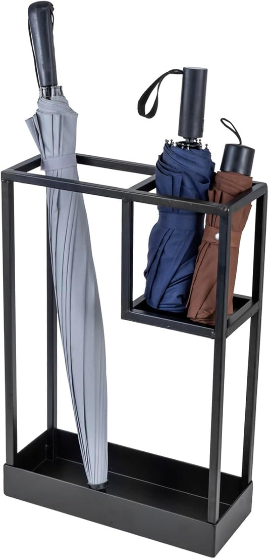MyGift Modern Black Metal Entryway Umbrella Rack with Geometric Design, 13 x 5-inch Wide Rectangular Freestanding Cane Umbrella Holder with Shelf for Small Umbrellas and Bottom Drip Catch Tray