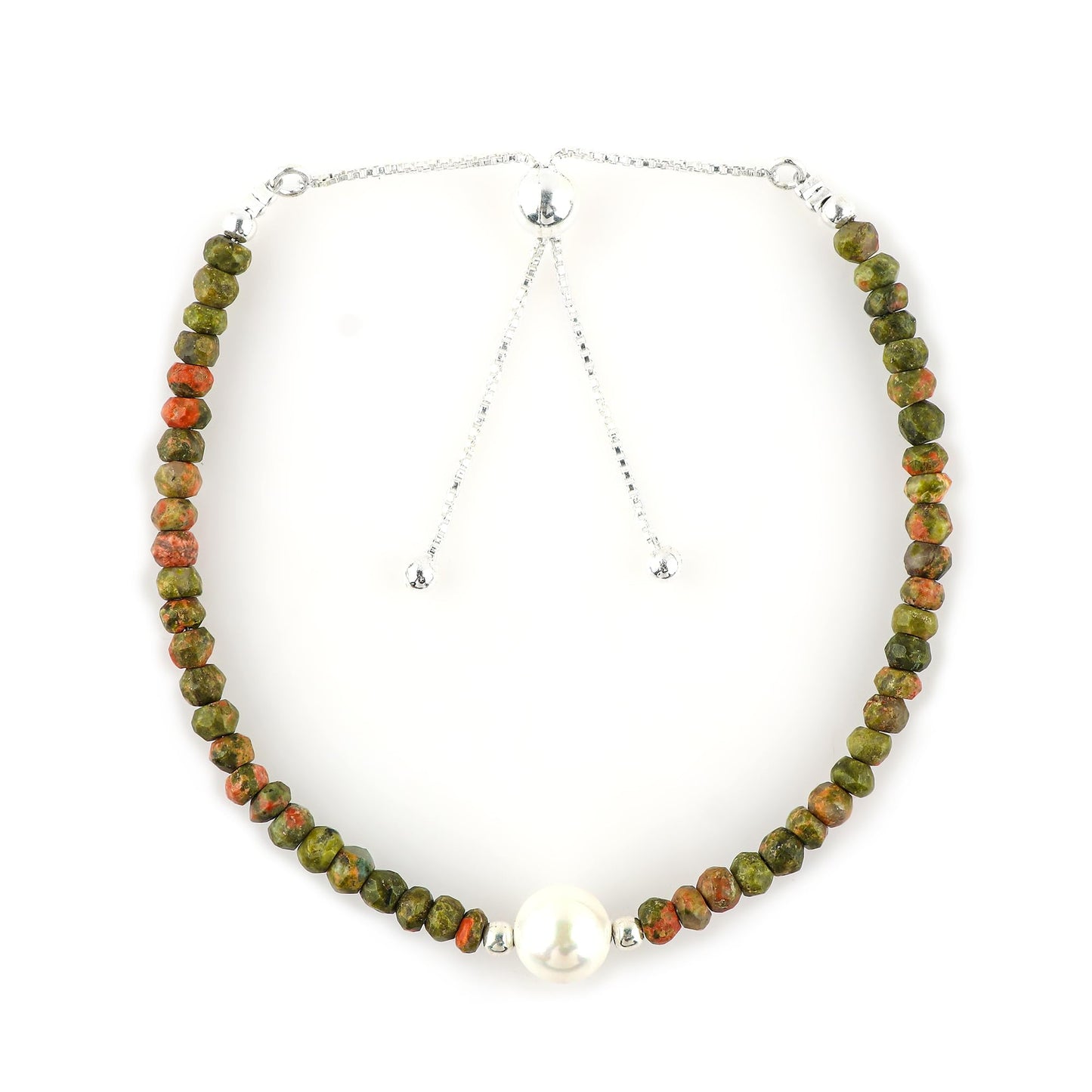 CRYSTALINES Natural Unakite Gemstones Beads Bolo Bracelets with Pearl, Handmade, Beaded Bracelet, Real Crystals Jewelry, Women Bracelet, Silver Plated Adjustable Chain- 6+4inch, AAA Grade
