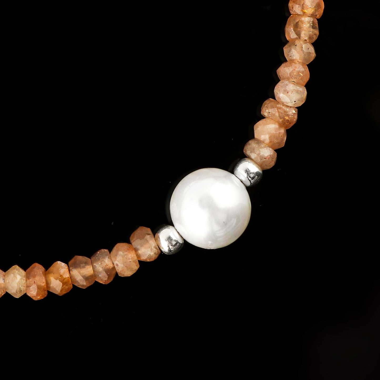 CRYSTALINES Natural Peach Moonstone Gemstone Bolo Bracelet & Pearl, Faceted Beads Stones, Handmade Boho Hypoallergenic Jewelry, Healing Crystals, Silver Chain 6+4inch, June Birthstone Gifts