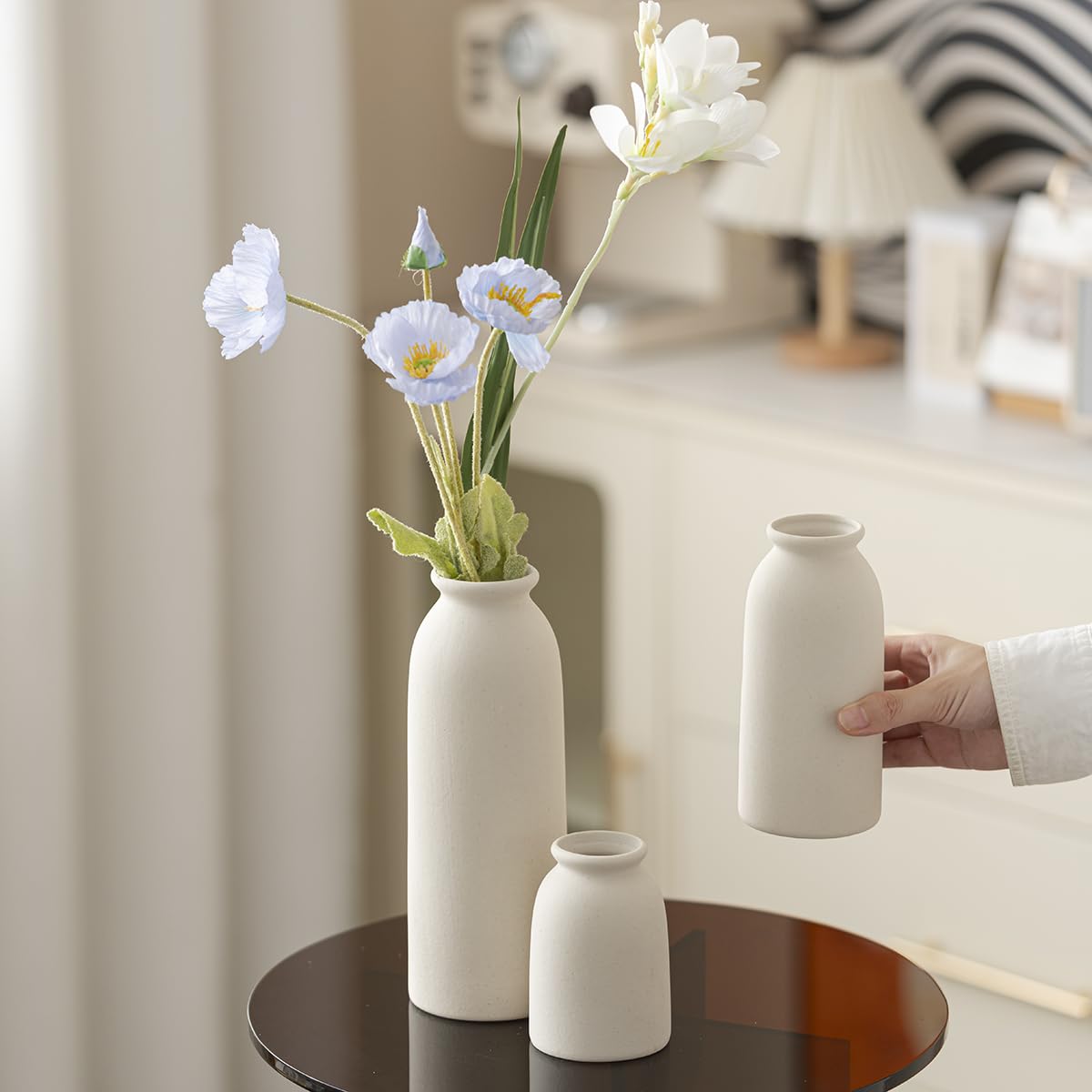 Ceramic Vase Set-3, Small Flower Vases for Decor, Modern Boho Farmhouse Style, Decorative Vases for Pampas Grass & Dried Flowers, Distressed Finish (Beige)