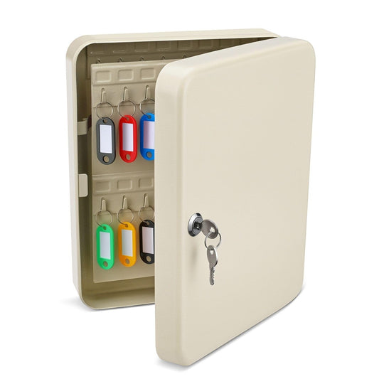Flexzion Key Box Wall Mount with Code, Key Cabinet with 60 Key Holder Organizer Locker Case, Colored Key Tags & Hooks Wall Mounted Lock Box for Keys Storage, Homes, Property, Hotels, Business (Gray)