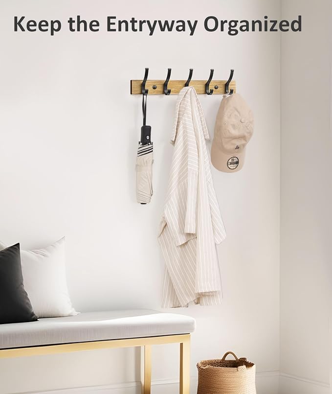 Optish Coat Rack Wall Mount, 16.5 Inches Wood Coat Hooks Wall Mount, Wall Coat Rack with 5 Hooks, Hat Rack Wall Hooks for Hanging Coat, Bag, Towel (1Pack, Natural)