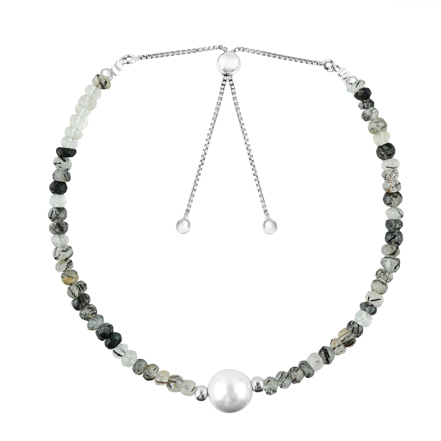 CRYSTALINES Natural Black Rutilated Quartz Gemstones Beads Bolo Bracelet with Pearl, High Grade, Handmade Bracelet, Healing Crystals, Silver Jewelry, Adjustable Chain, Gift for Women, 10inch