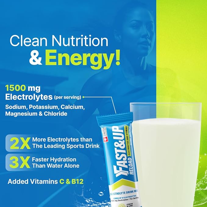 FAST&UP Reload – Lemon & Lime - Refreshing Electrolyte Drink Mix | Hydration Powder Packets | 1500 mg Electrolytes + Vitamins C & B12 | Easy to Open Single Serving Pack | 15 Servings
